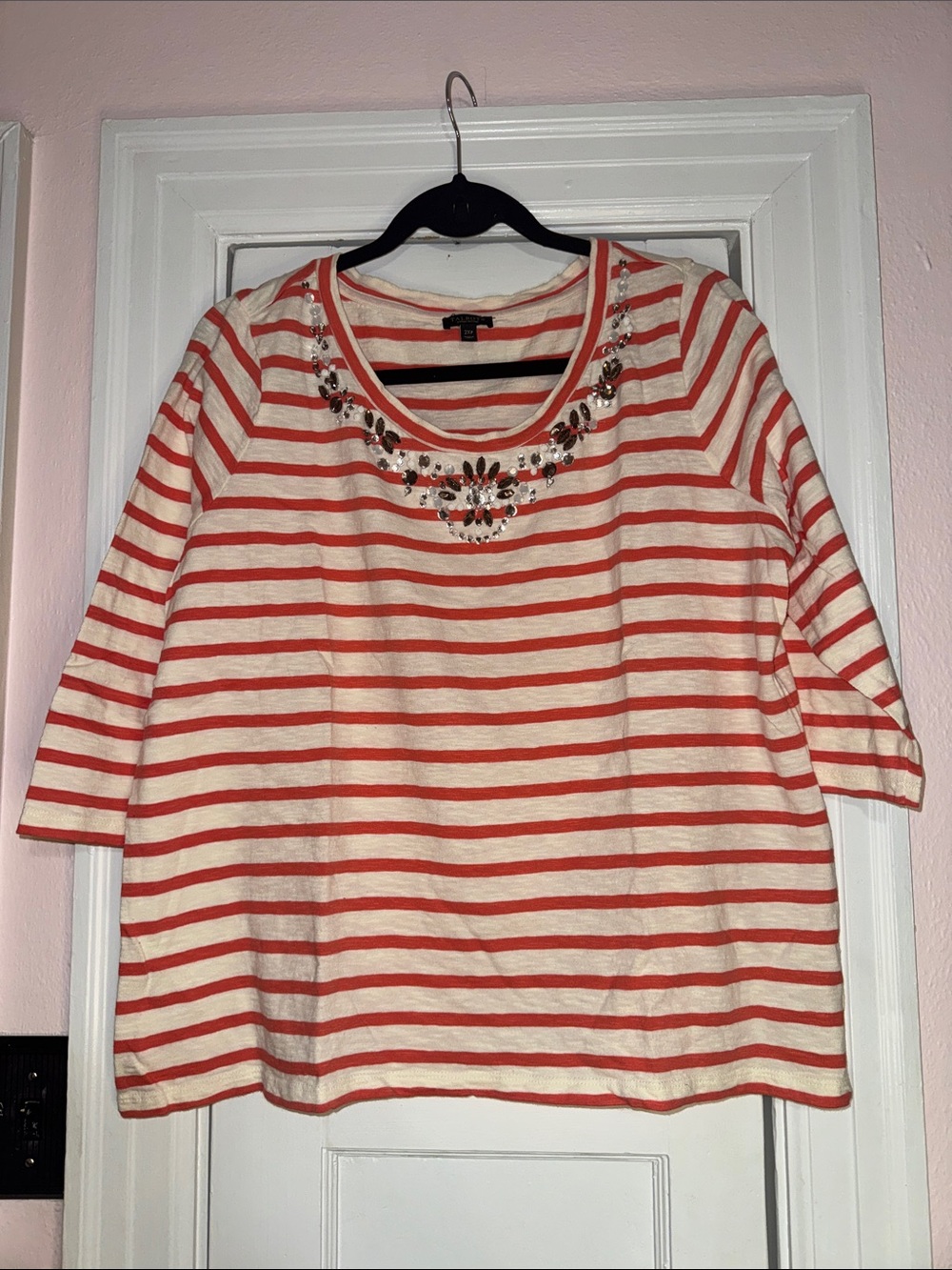Talbots Striped Scoop Neck Top with Embellished Neckline - Orange & Cream